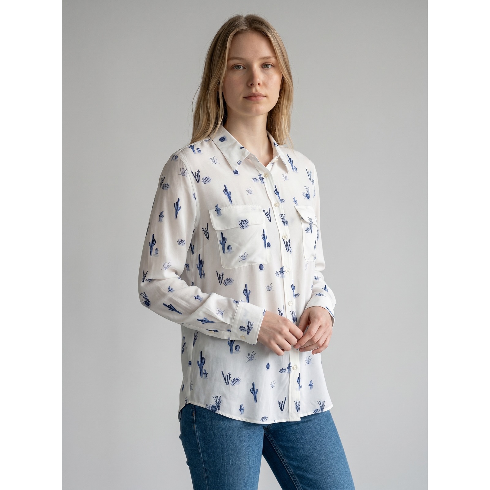 Havana Breeze Womens White Blue Cactus Print 100% Silk Long Sleeve Blouse Large